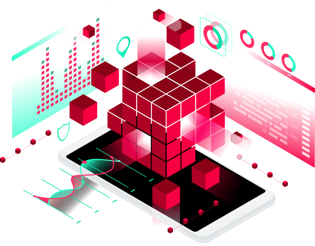A graphic of some cubes surrounded by data