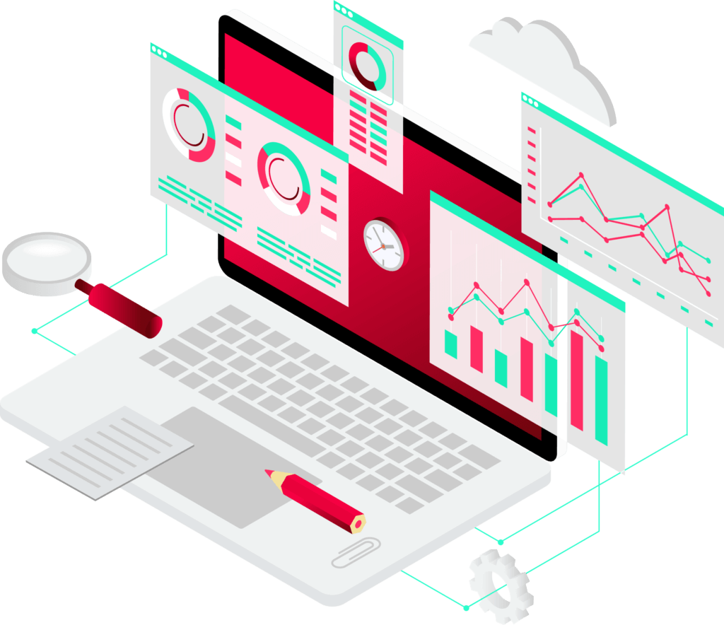 A graphic of a laptop with statstics on the screen and around the laptop