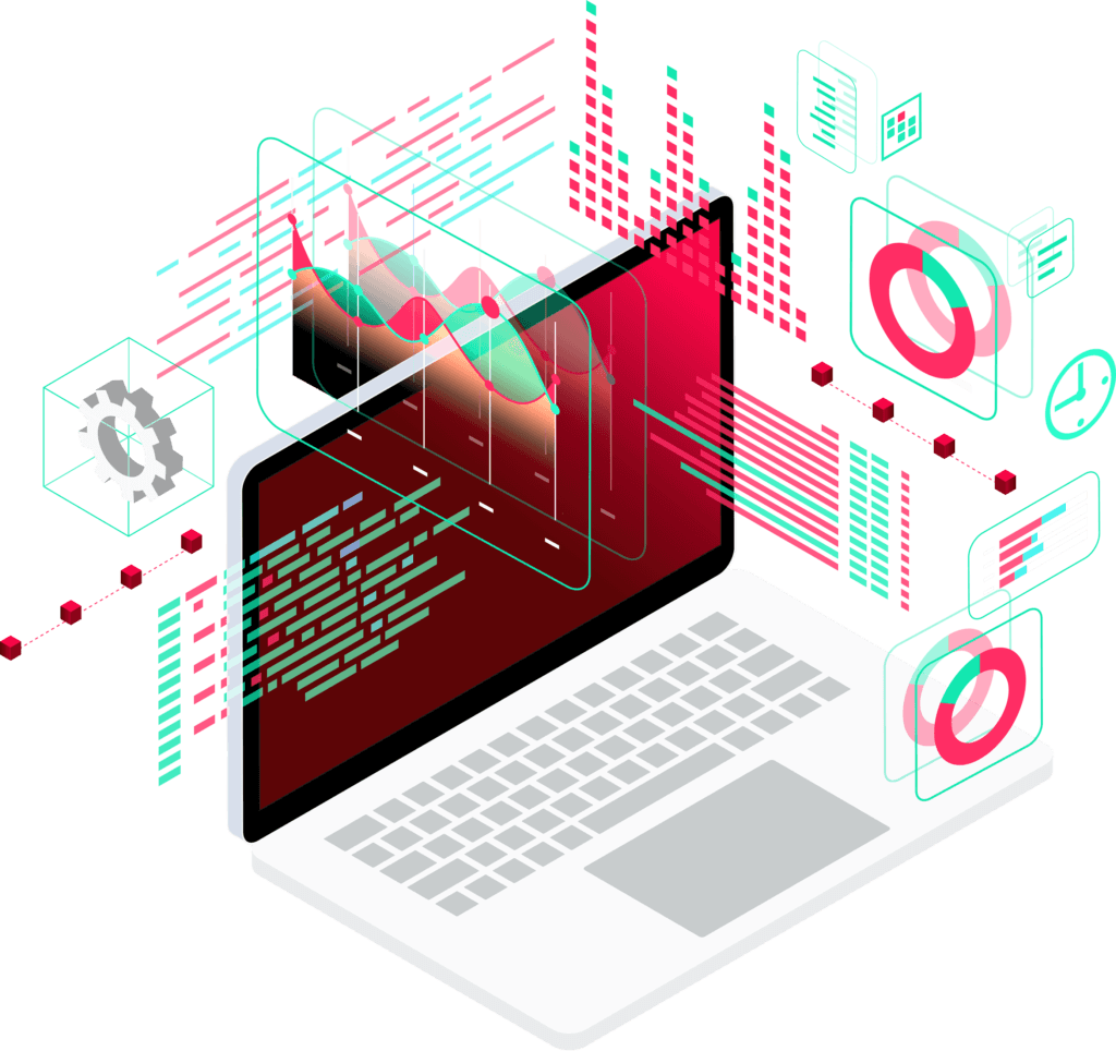 A graphic of a laptop with data around it