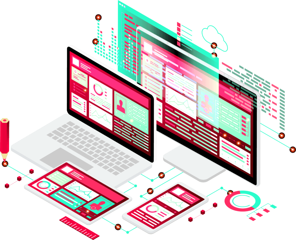 Graphic of a monitor, laptop, tablet and smartphone with data on and around all the screens