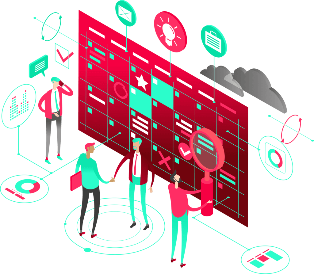 A graphic of some people in front of a large screen of data with two of them shaking hands