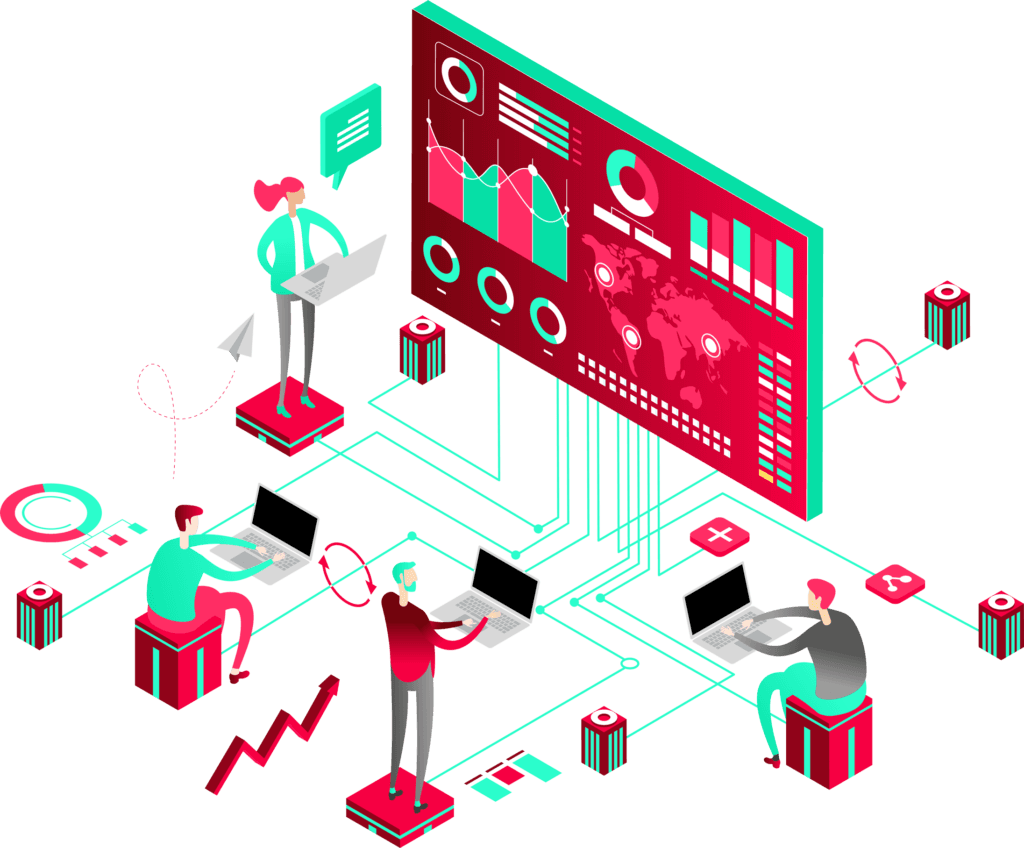 graphic of people looking at data on a screen whilst using laptops